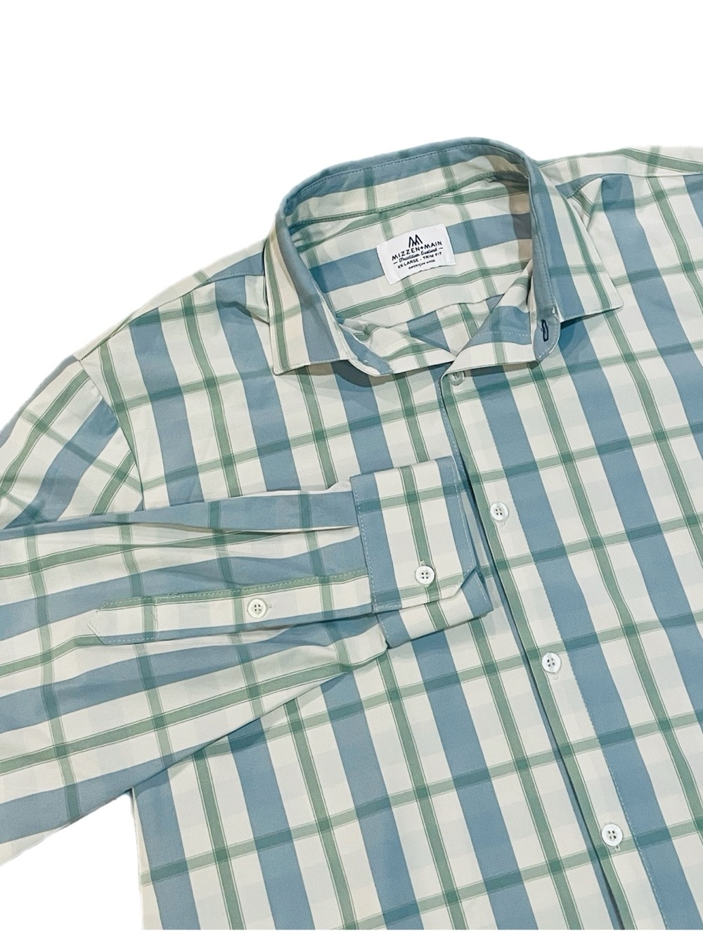 Mizzen + Main 2XL Button Down Dress Shirt Trim Fit Blue Green Plaid LS XXL